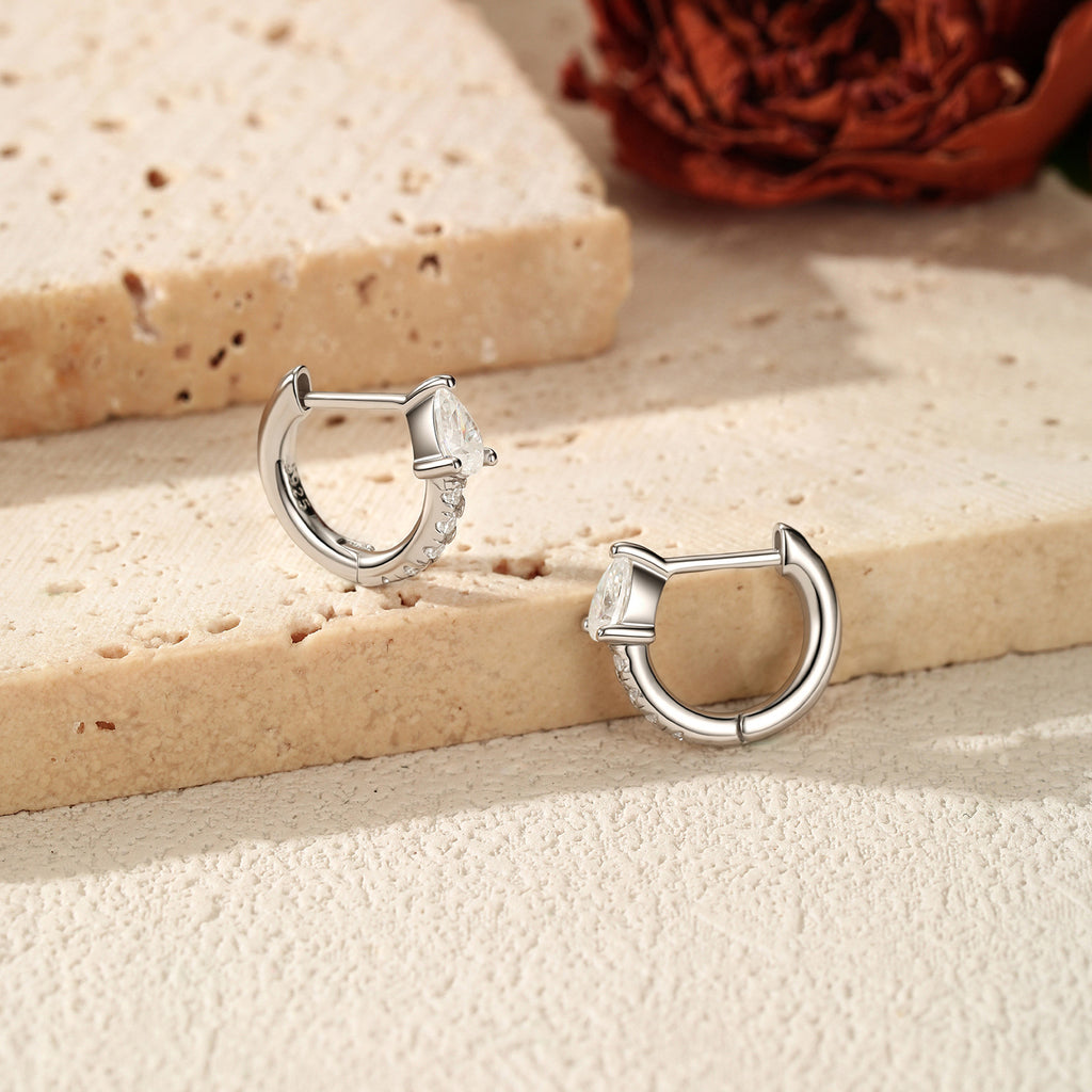 925 Sterling Silver Pear Cut Moissanite Huggie Hoop Earrings 110100109
