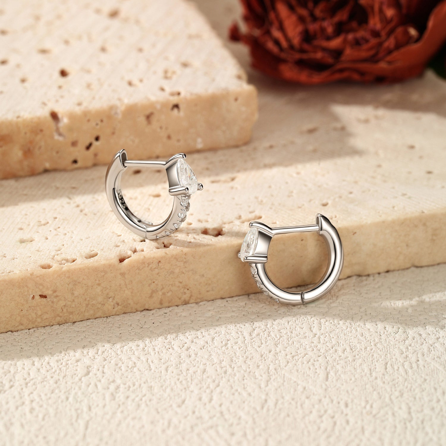 925 Sterling Silver Pear Cut Moissanite Huggie Hoop Earrings 110100109