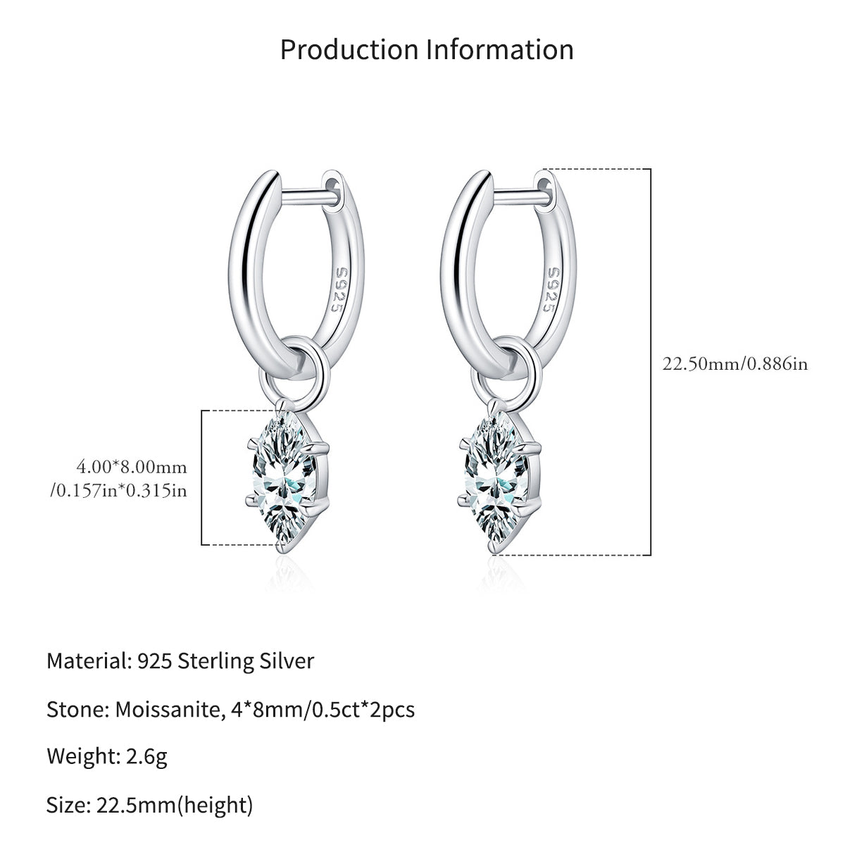 925 Sterling Silver Marquise Moissanite Dangle Hoop Earrings 110100110