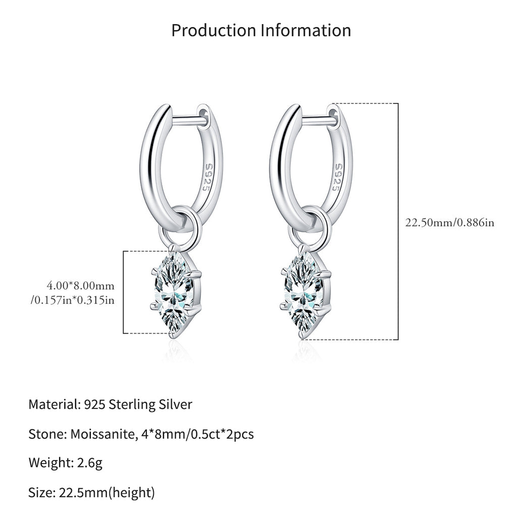 925 Sterling Silver Marquise Moissanite Dangle Hoop Earrings 110100110