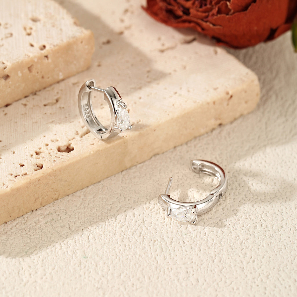 925 Sterling Silver Pear Cut Moissanite Huggie Hoop Earrings 110100112