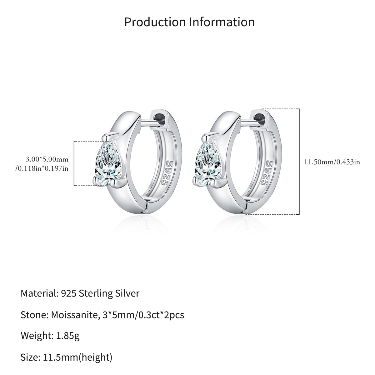 925 Sterling Silver Pear Cut Moissanite Huggie Hoop Earrings 110100112