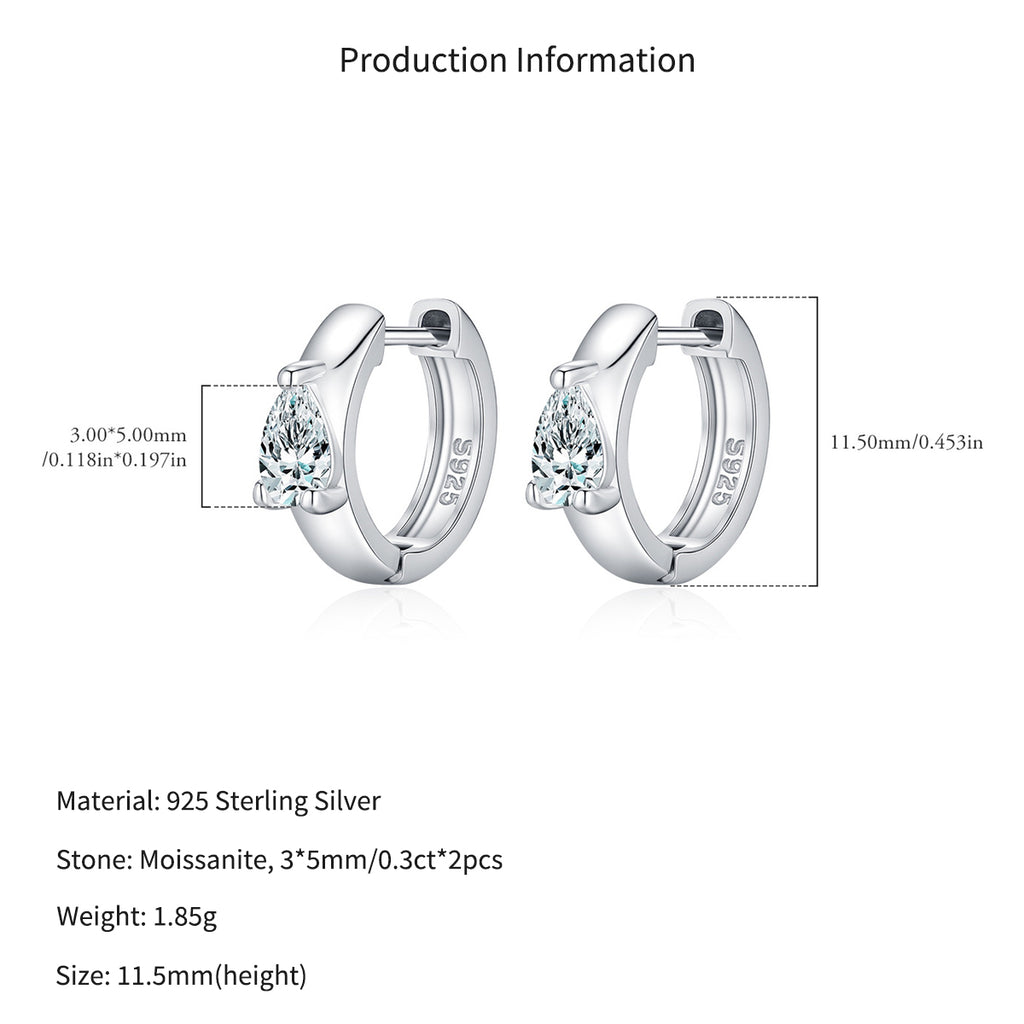925 Sterling Silver Pear Cut Moissanite Huggie Hoop Earrings 110100112