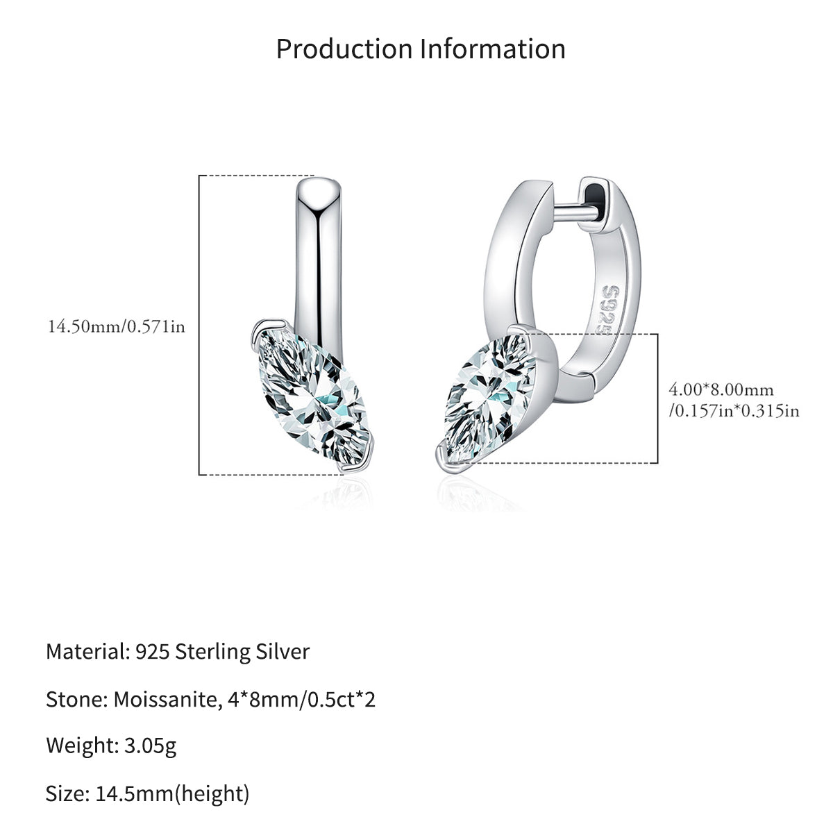 925 Sterling Silver 0.5ct Marquise Moissanite Hoop Earrings 110100115