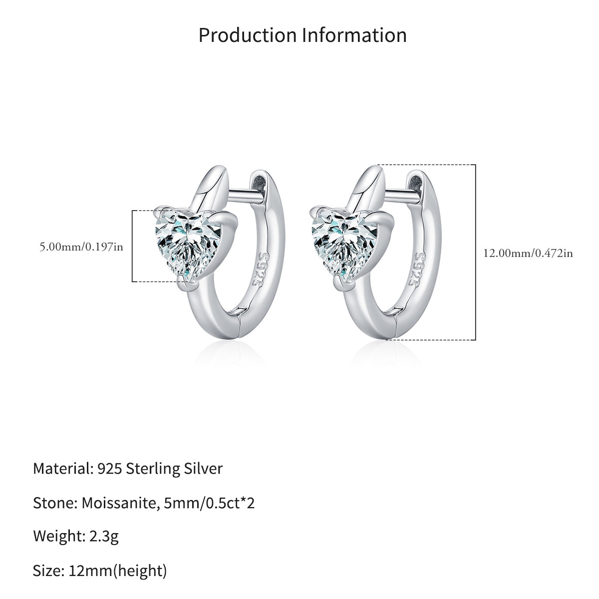 925 Sterling Silver 0.5ct Heart Moissanite Huggie Hoop Earrings 110100117