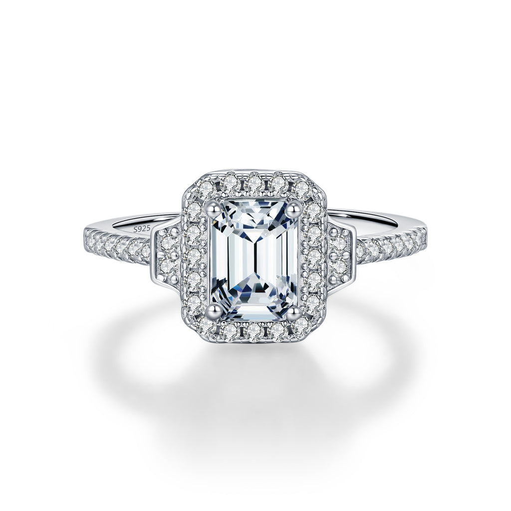 925 Sterling Silver 1ct Emerald Cut Moissanite Art Deco Halo Ring 110200054