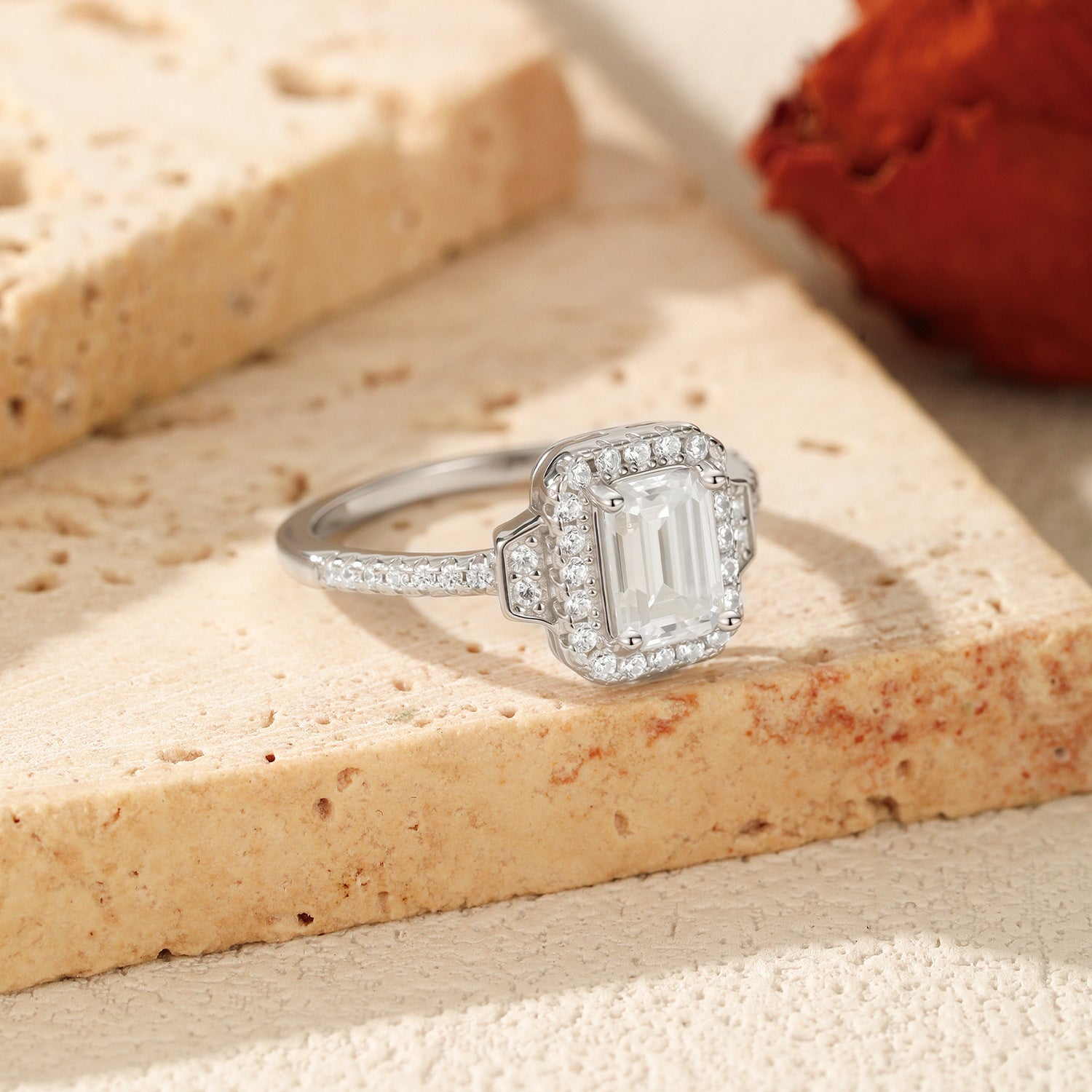 925 Sterling Silver 1ct Emerald Cut Moissanite Art Deco Halo Ring 110200054