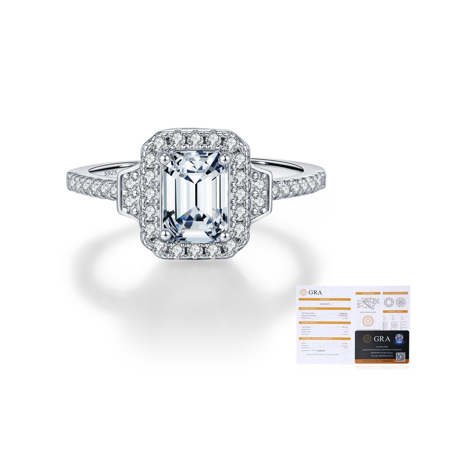 925 Sterling Silver 1ct Emerald Cut Moissanite Art Deco Halo Ring 110200054
