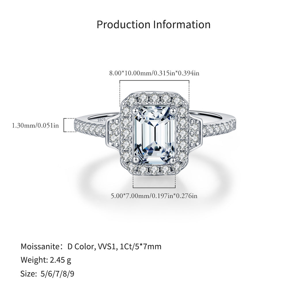 925 Sterling Silver 1ct Emerald Cut Moissanite Art Deco Halo Ring 110200054