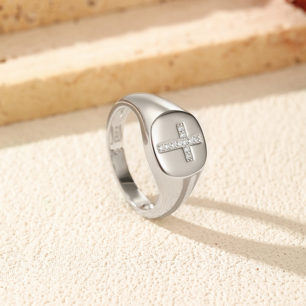 925 Sterling Silver Moissanite Cross Signet Ring 110200060