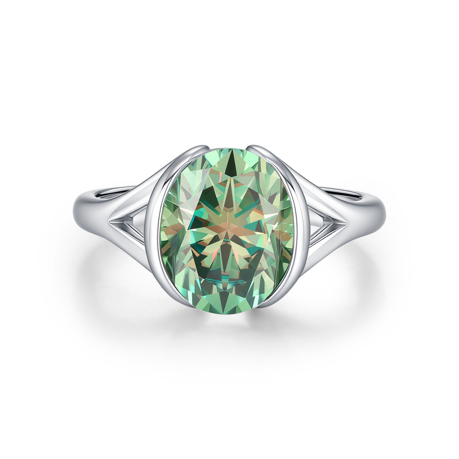 925 Sterling Silver 3ct Green Oval Moissanite Bezel Ring 110200078