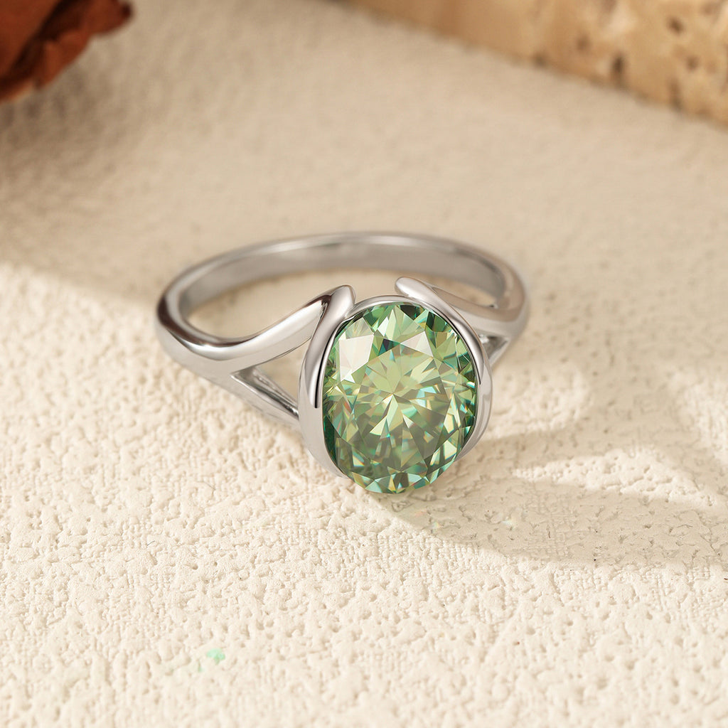 925 Sterling Silver 3ct Green Oval Moissanite Bezel Ring 110200078