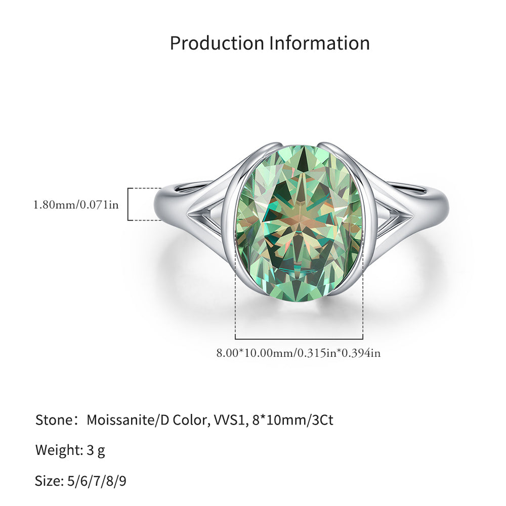925 Sterling Silver 3ct Green Oval Moissanite Bezel Ring 110200078