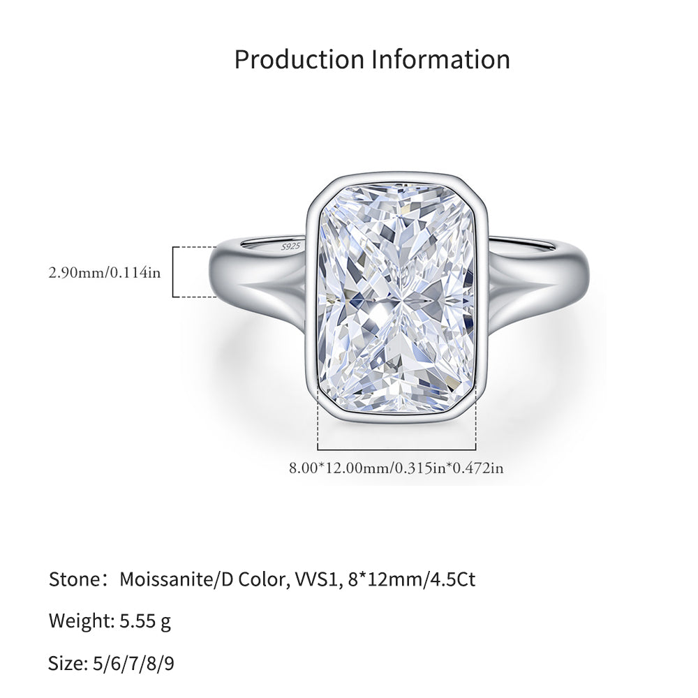 925 Sterling Silver 4.5ct Radiant Cut Moissanite Bezel Ring 110200080
