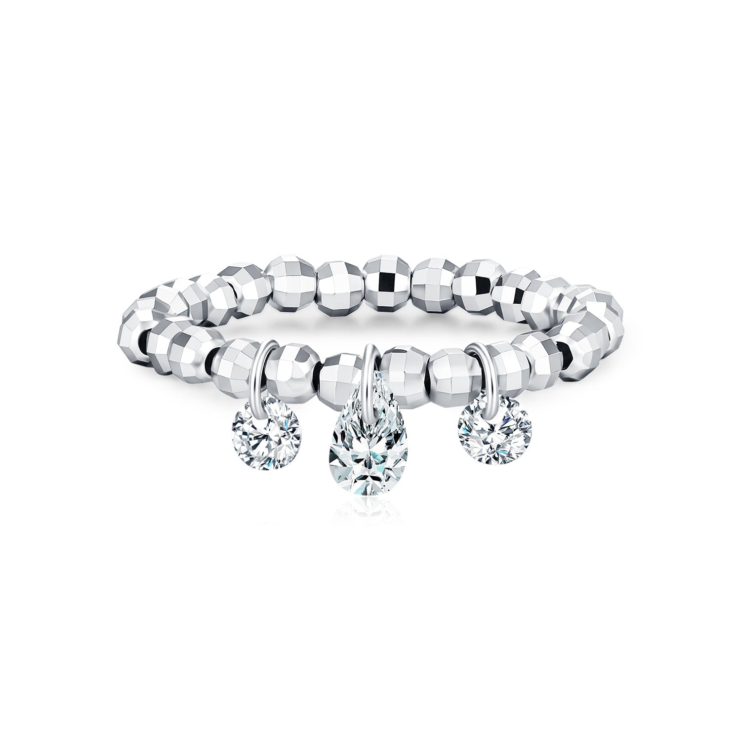 925 Sterling Silver Moissanite Dangle Charm Beaded Ring 110200089