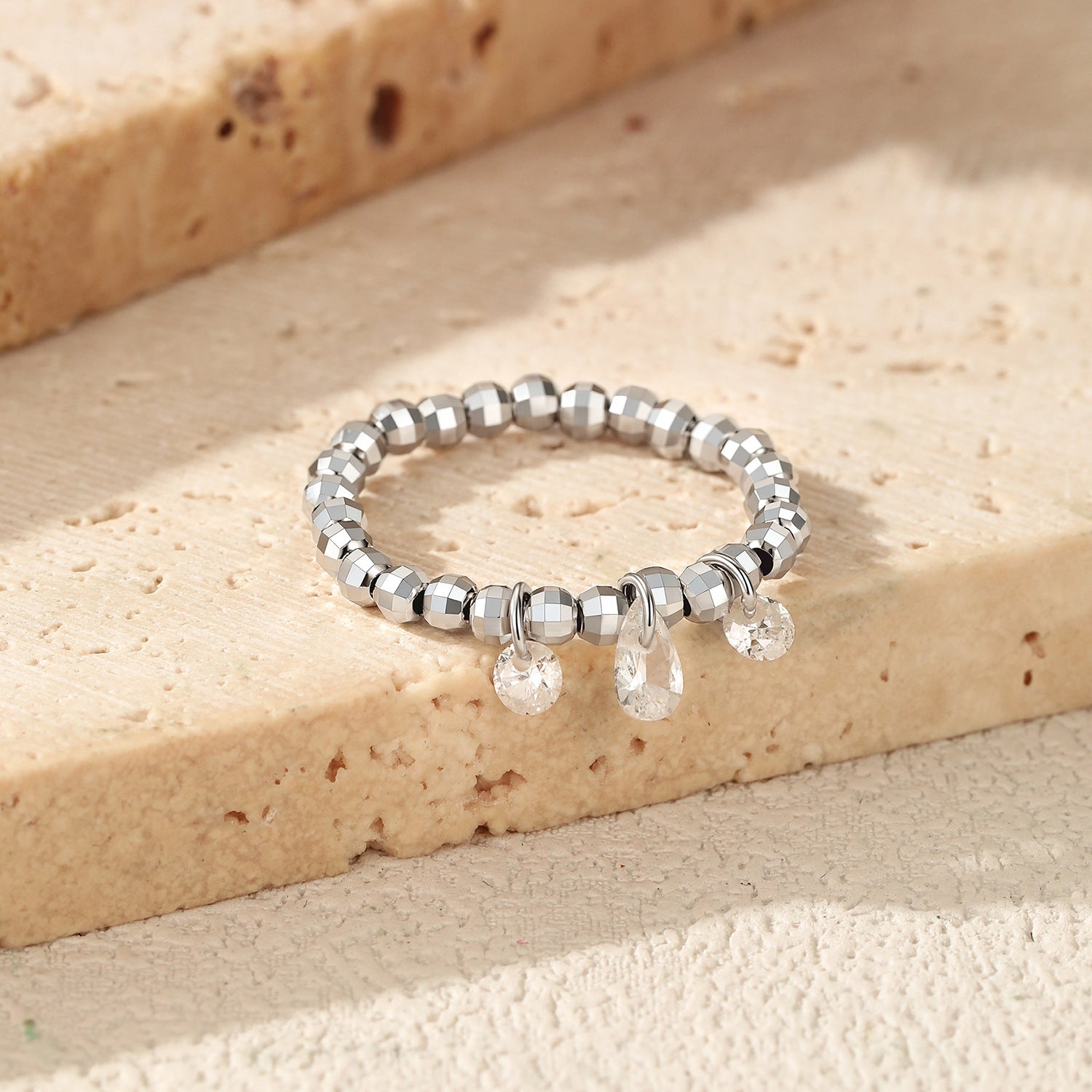 925 Sterling Silver Moissanite Dangle Charm Beaded Ring 110200089