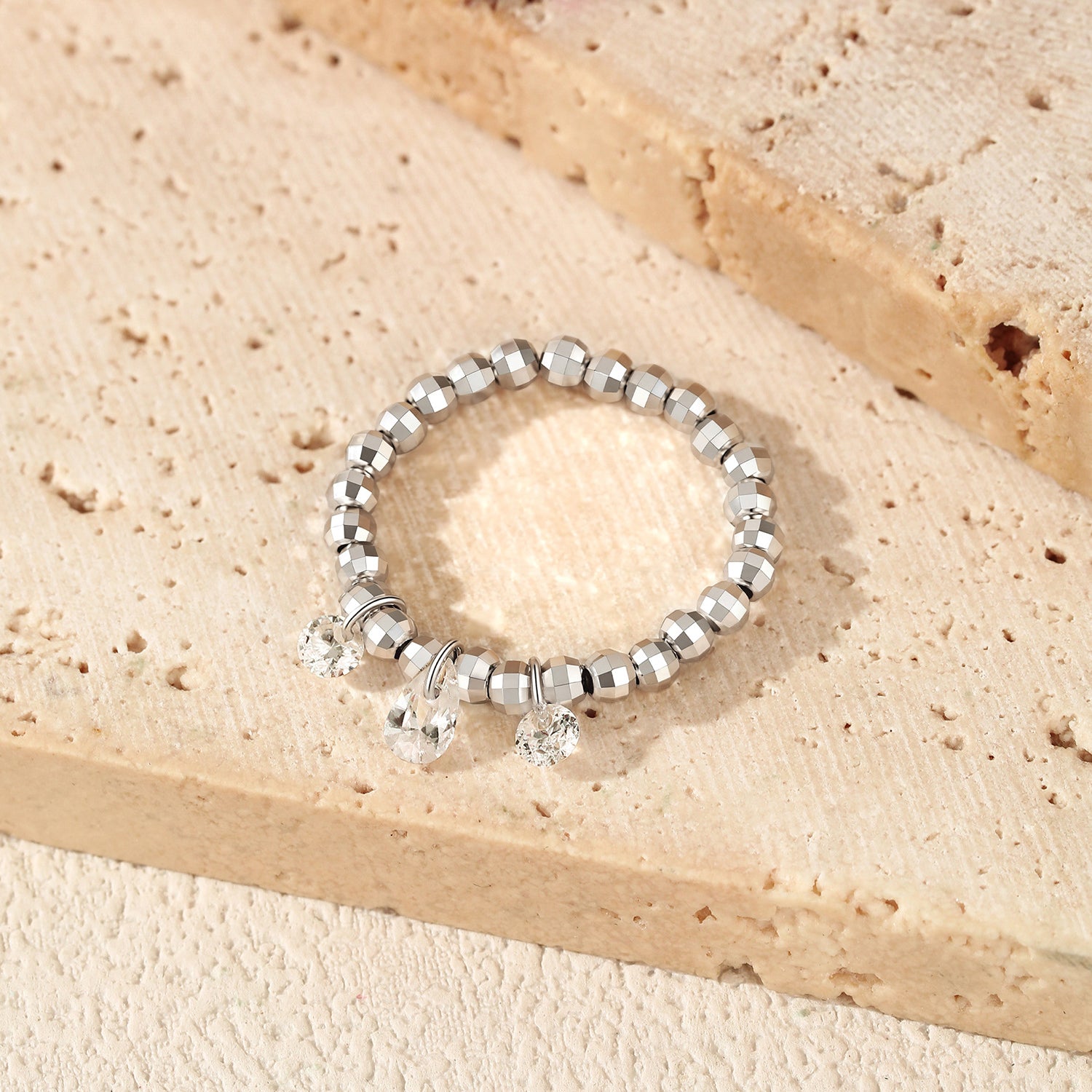 925 Sterling Silver Moissanite Dangle Charm Beaded Ring 110200089