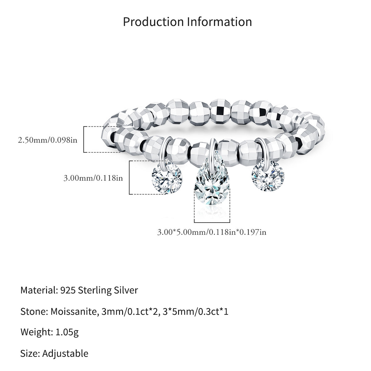 925 Sterling Silver Moissanite Dangle Charm Beaded Ring 110200089
