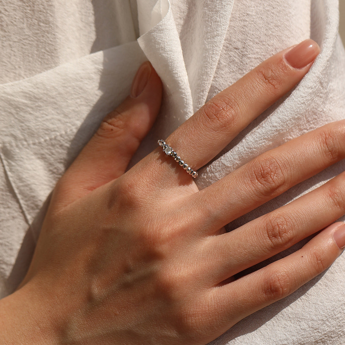 925 Sterling Silver Moissanite Adjustable Beaded Ring 110200090