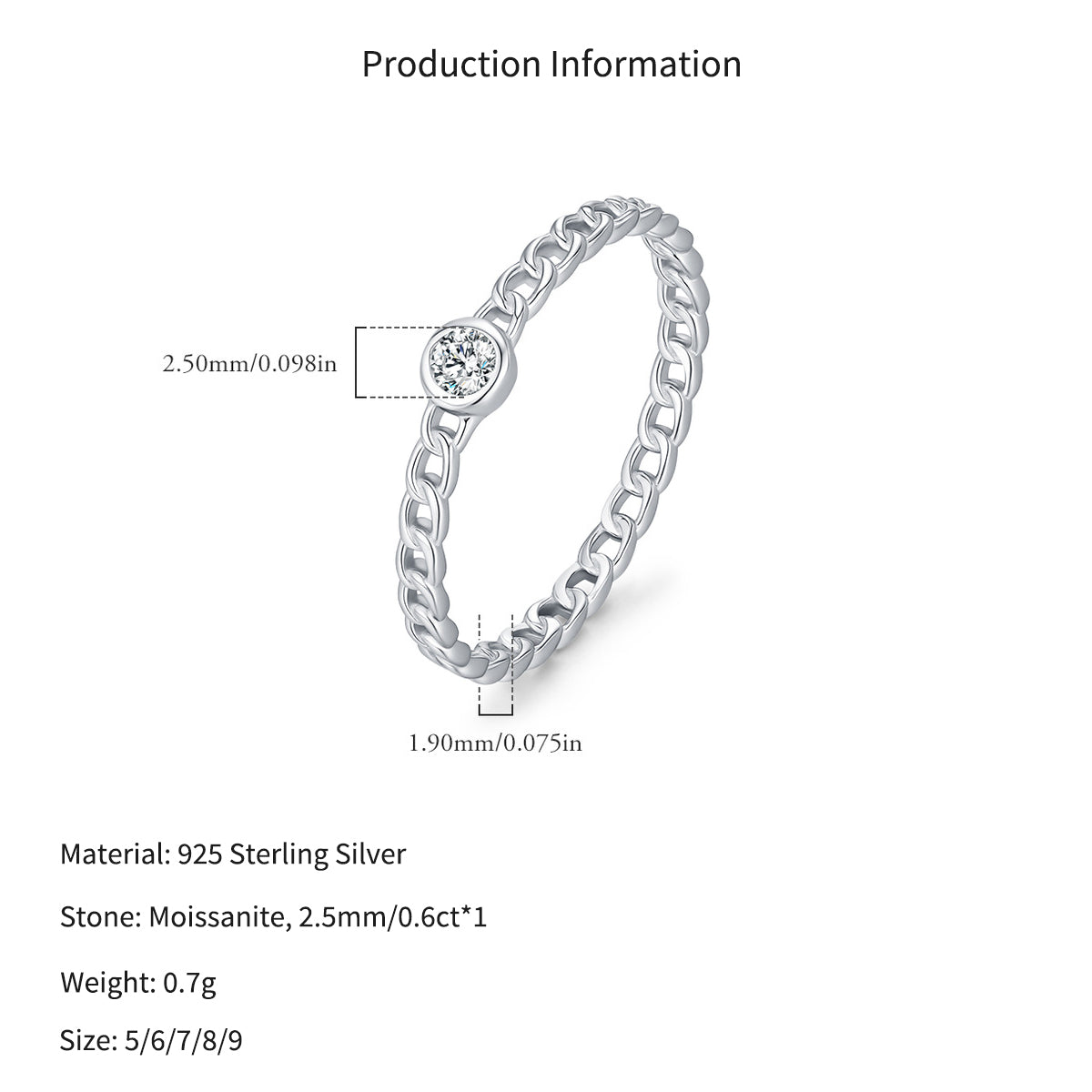 925 Sterling Silver Moissanite Chain Link Ring 110200092