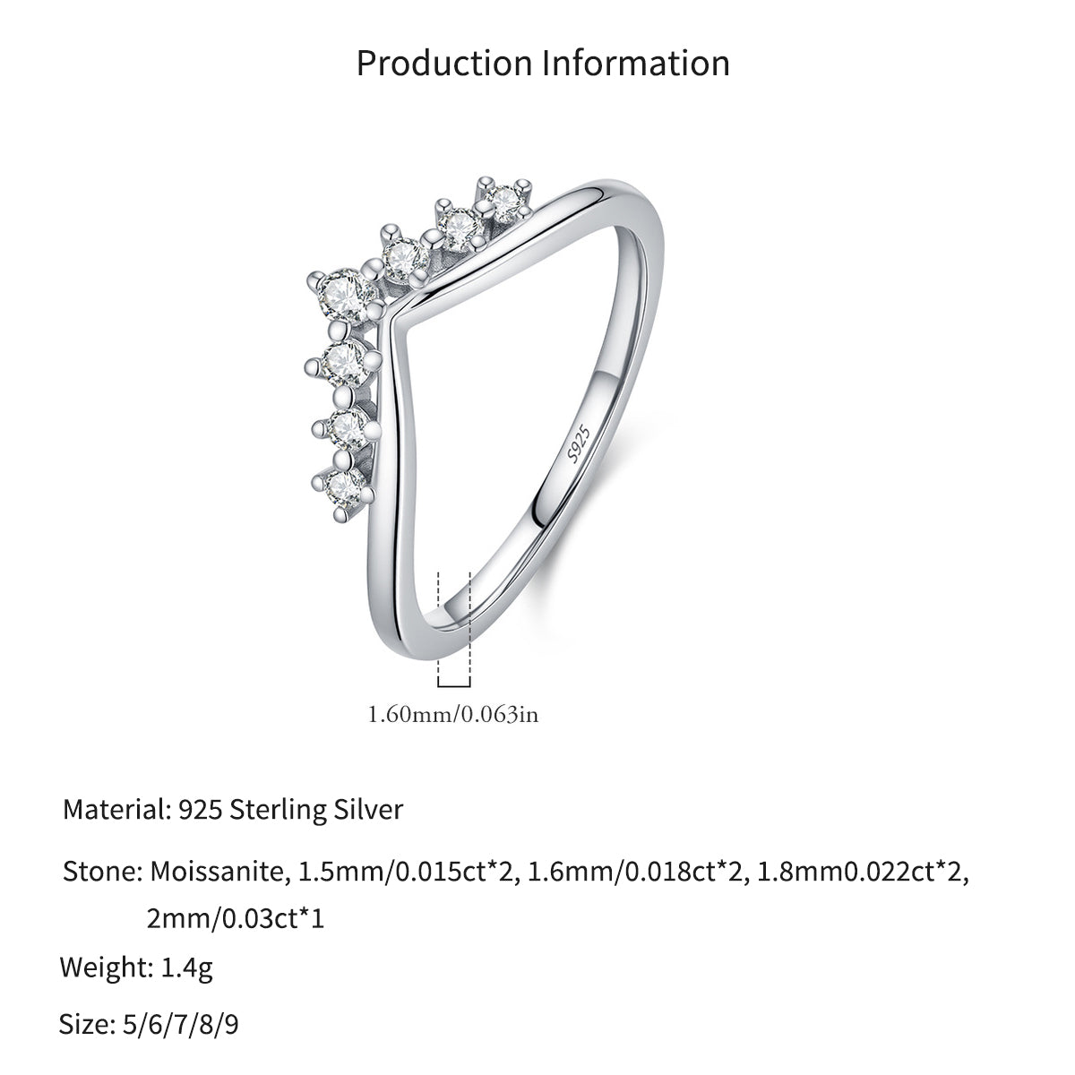 925 Sterling Silver Moissanite V-Shaped Crown Ring 110200093