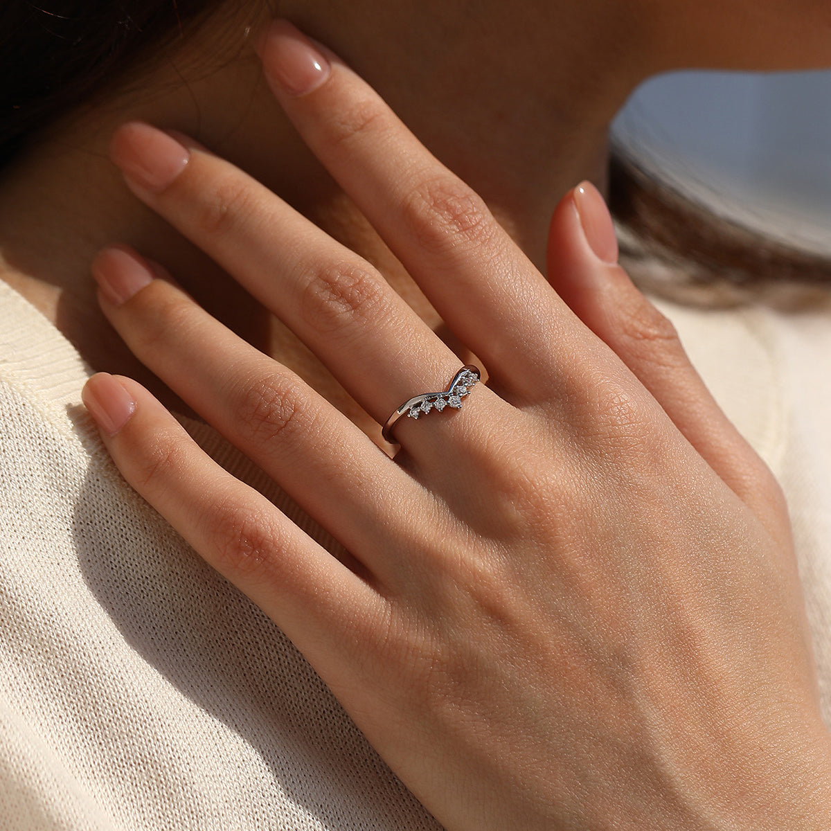 925 Sterling Silver Moissanite V-Shaped Crown Ring 110200093