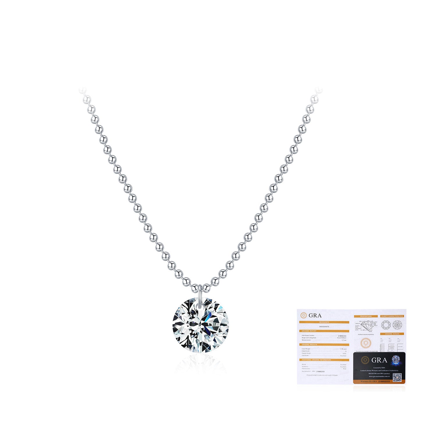 925 Sterling Silver 2ct Round Moissanite Bead Chain Necklace 110300020