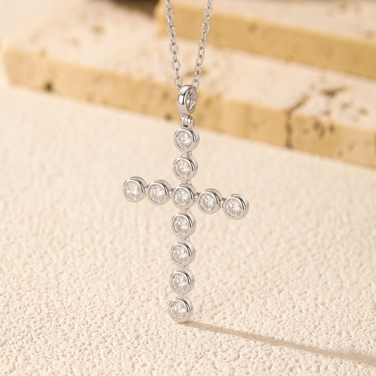 925 Sterling Silver Moissanite Bezel-Set Cross Pendant Necklace 110300022