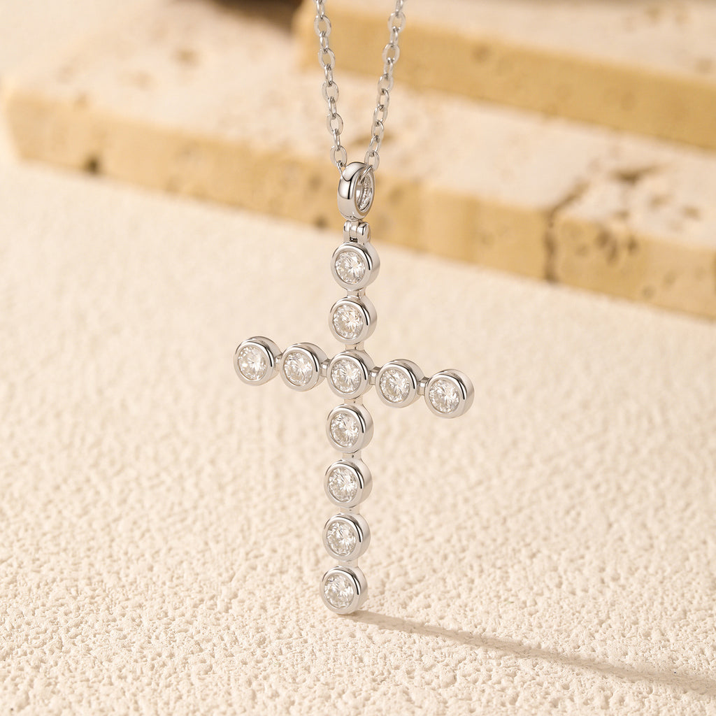 925 Sterling Silver Moissanite Bezel-Set Cross Pendant Necklace 110300022