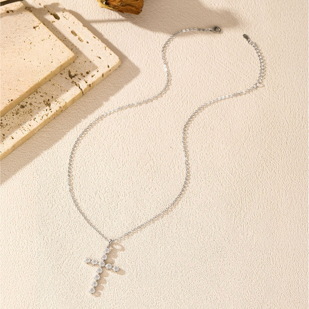 925 Sterling Silver Moissanite Bezel-Set Cross Pendant Necklace 110300022
