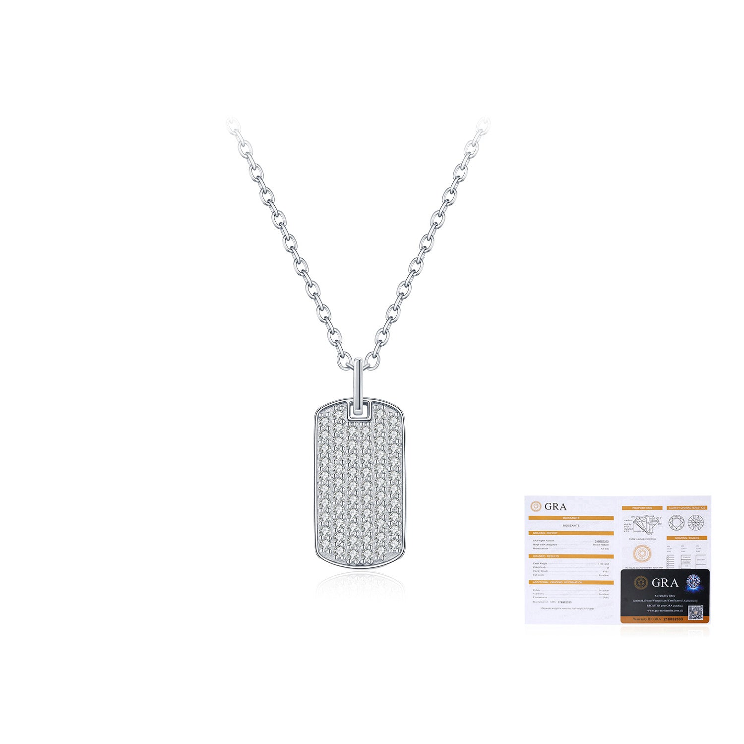 925 Sterling Silver Full Pavé Moissanite Dog Tag Pendant Necklace 110300024