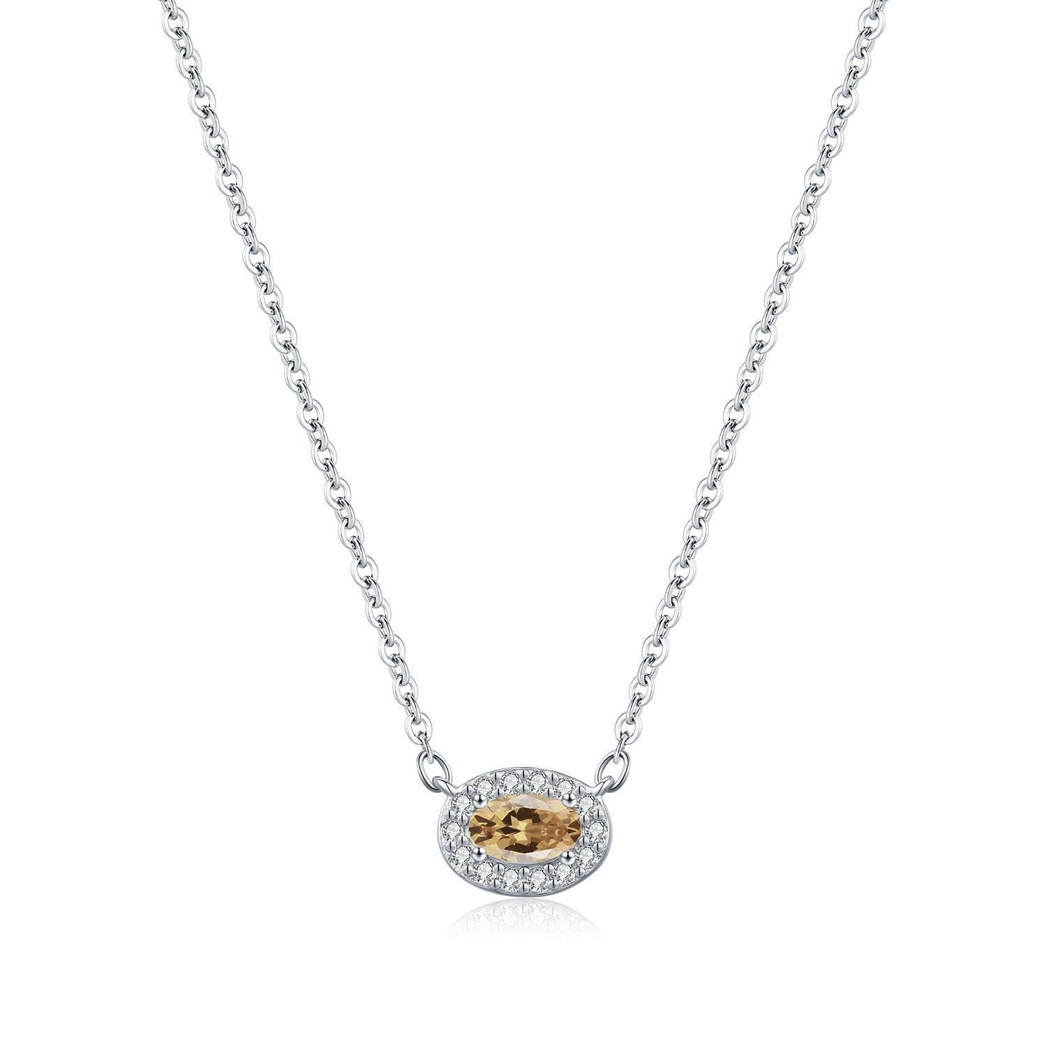 925 Sterling Silver Champagne Moissanite Oval Halo Pendant Necklace 110300025