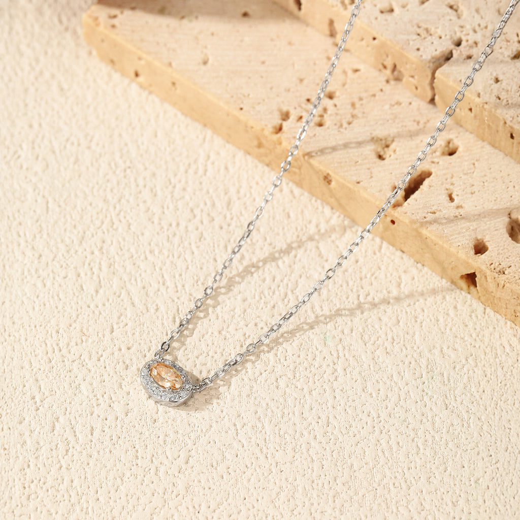 925 Sterling Silver Champagne Moissanite Oval Halo Pendant Necklace 110300025