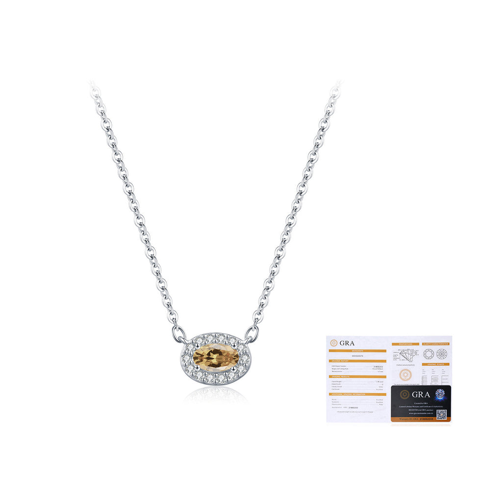 925 Sterling Silver Champagne Moissanite Oval Halo Pendant Necklace 110300025
