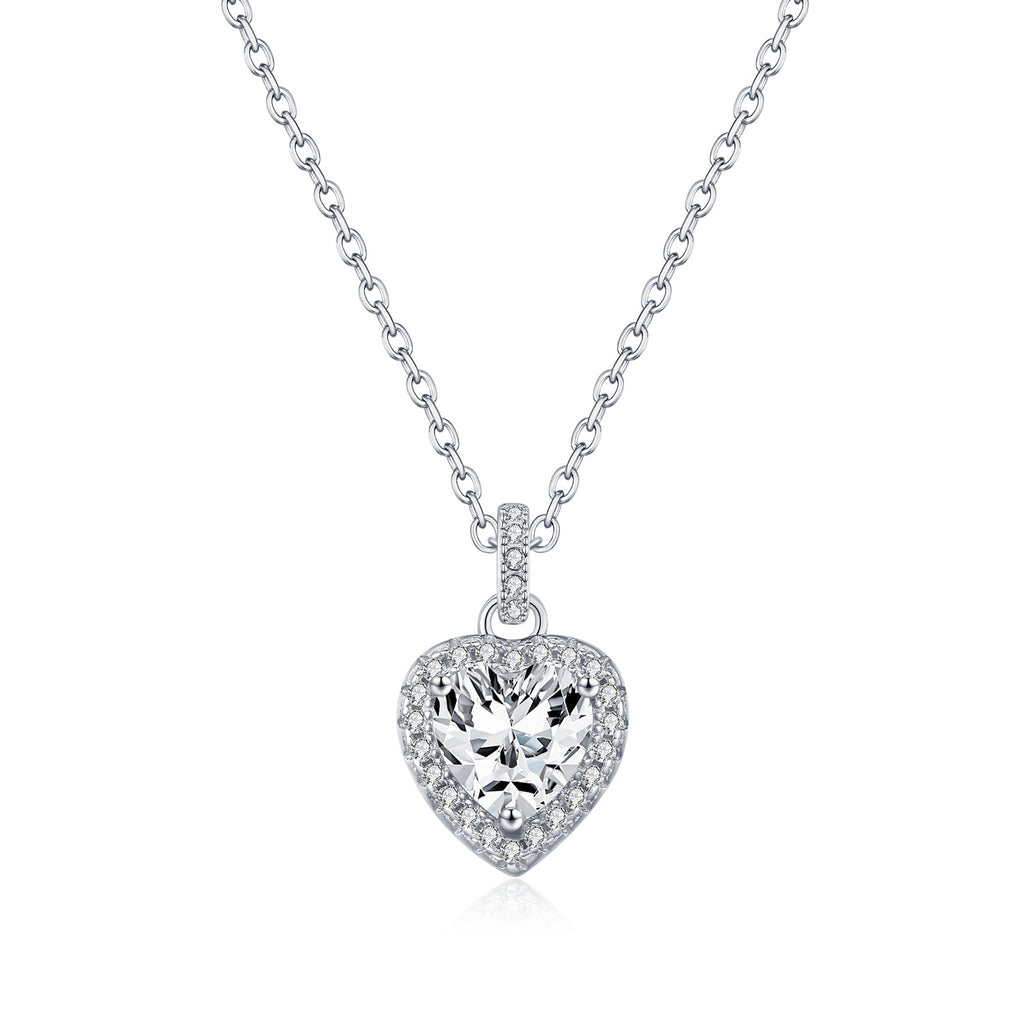 925 Sterling Silver 1ct Heart Moissanite Halo Pendant Necklace 110300026