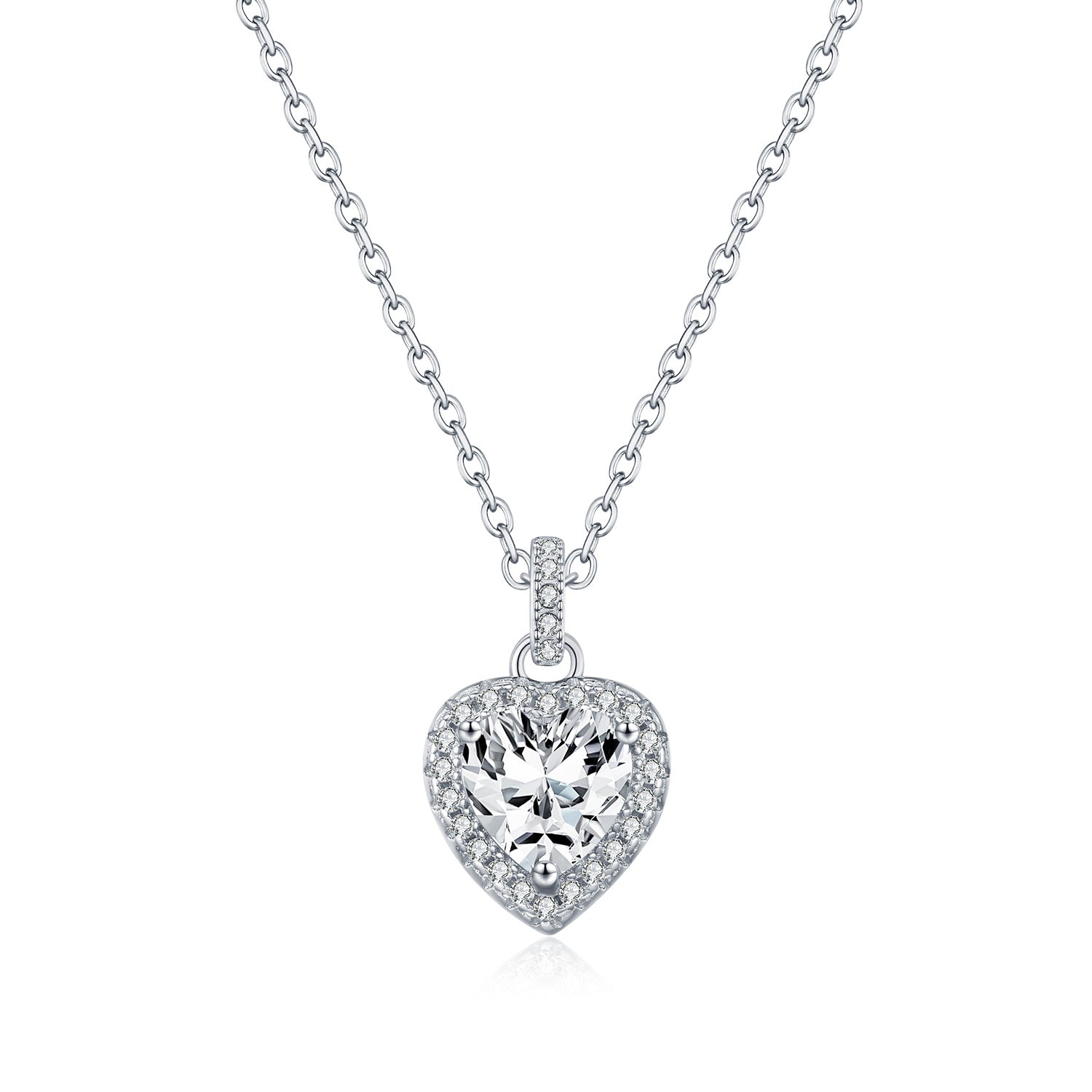 925 Sterling Silver 1ct Heart Moissanite Halo Pendant Necklace 110300026