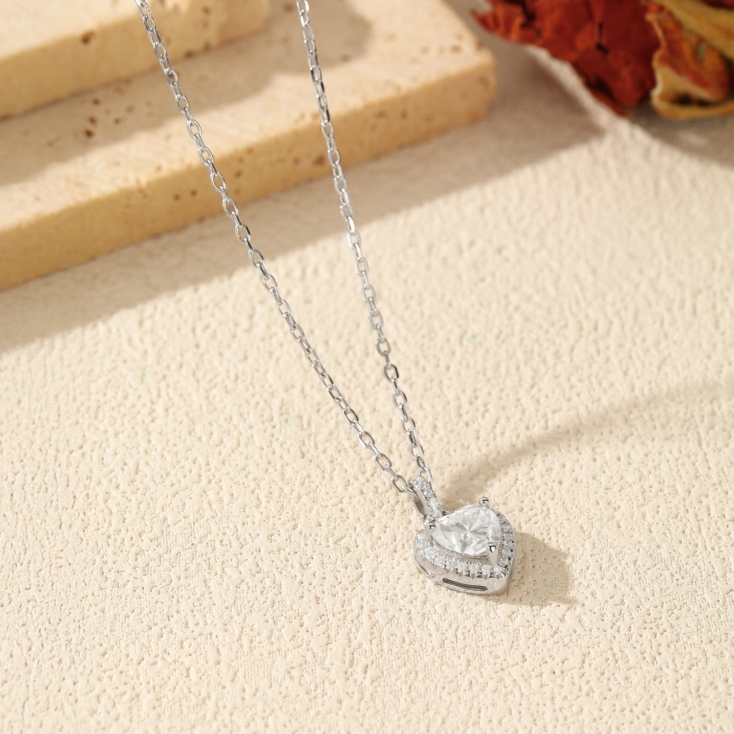 925 Sterling Silver 1ct Heart Moissanite Halo Pendant Necklace 110300026