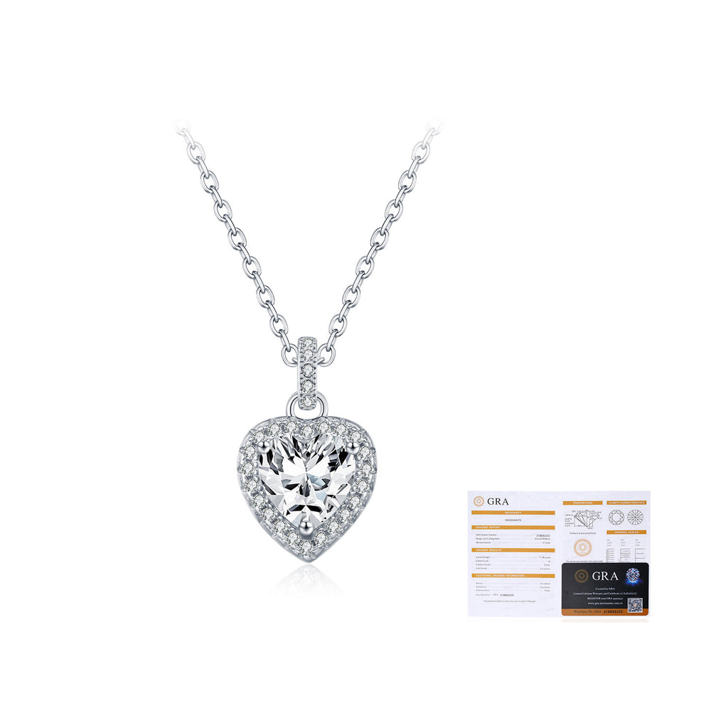 925 Sterling Silver 1ct Heart Moissanite Halo Pendant Necklace 110300026