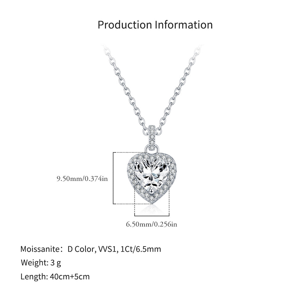 925 Sterling Silver 1ct Heart Moissanite Halo Pendant Necklace 110300026