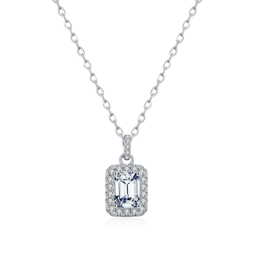 925 Sterling Silver 1 ct Emerald Cut Moissanite Halo Pendant Necklace 110300027
