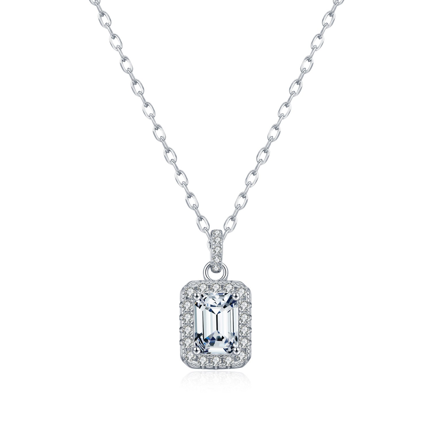 925 Sterling Silver 1 ct Emerald Cut Moissanite Halo Pendant Necklace 110300027