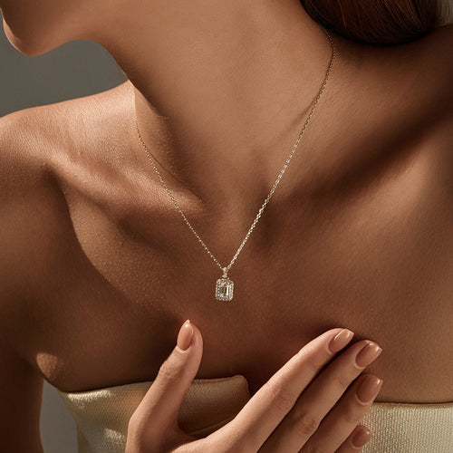 925 Sterling Silver 1 ct Emerald Cut Moissanite Halo Pendant Necklace 110300027