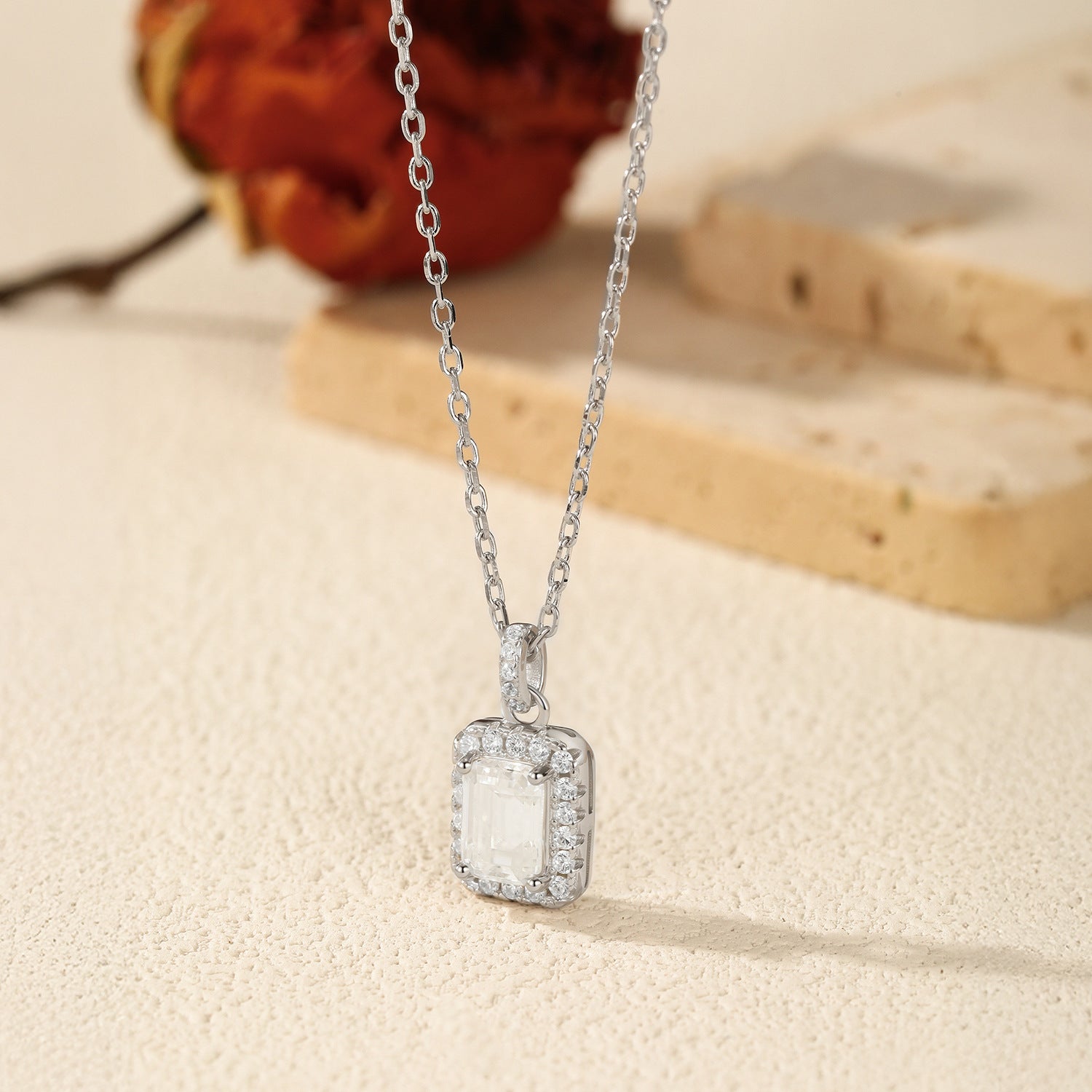 925 Sterling Silver 1 ct Emerald Cut Moissanite Halo Pendant Necklace 110300027