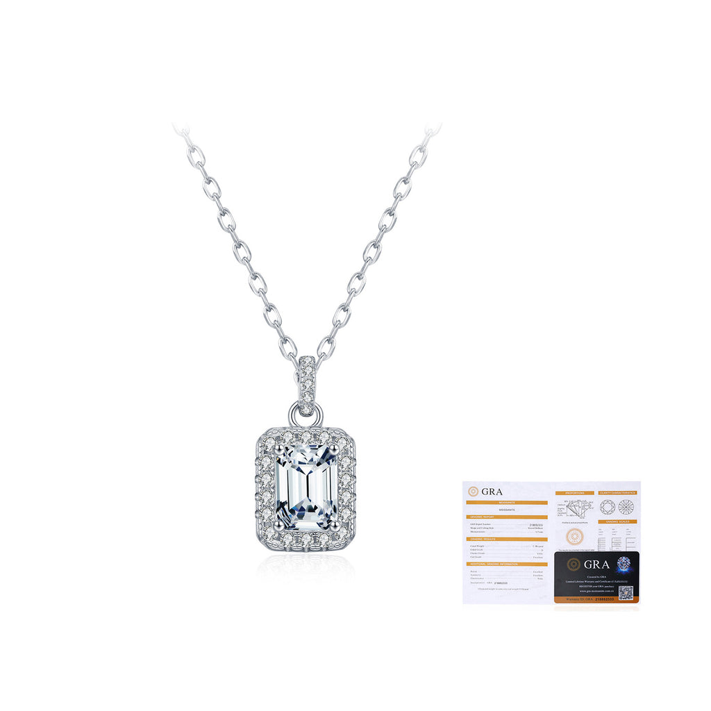 925 Sterling Silver 1 ct Emerald Cut Moissanite Halo Pendant Necklace 110300027