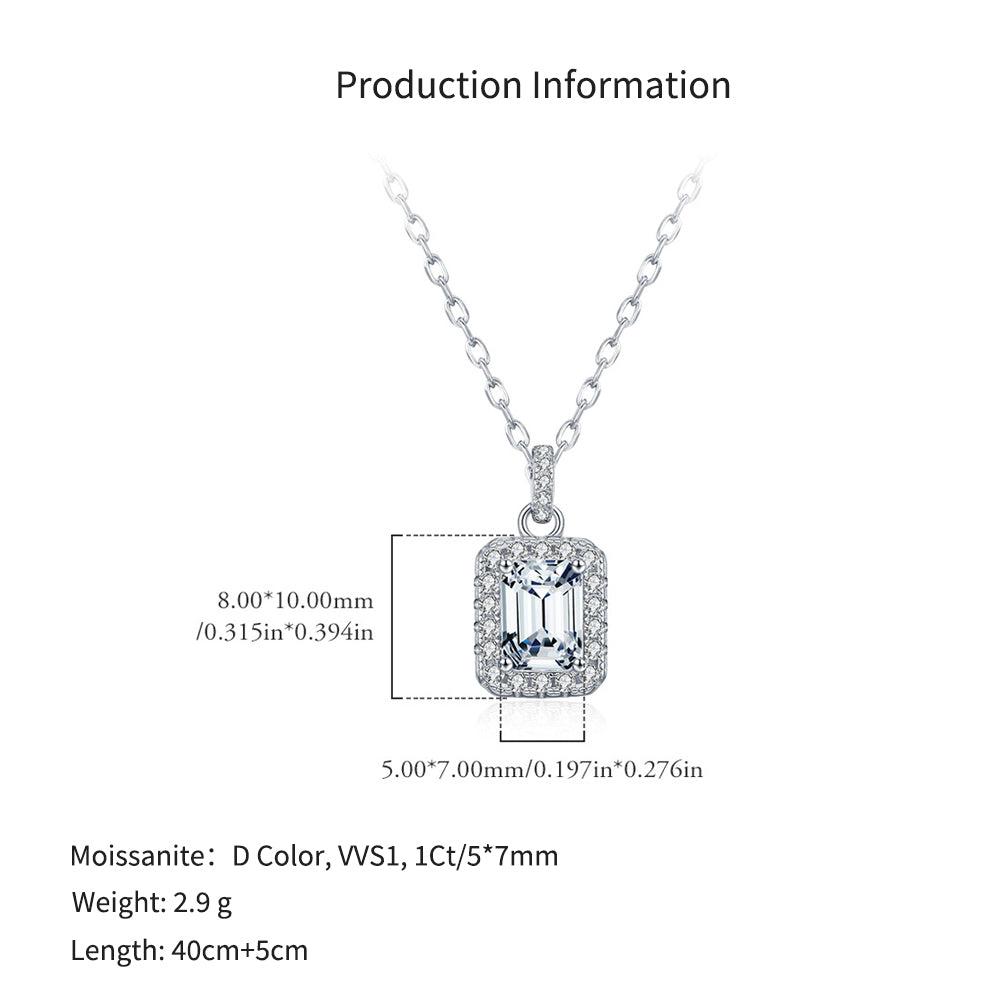 925 Sterling Silver 1 ct Emerald Cut Moissanite Halo Pendant Necklace 110300027