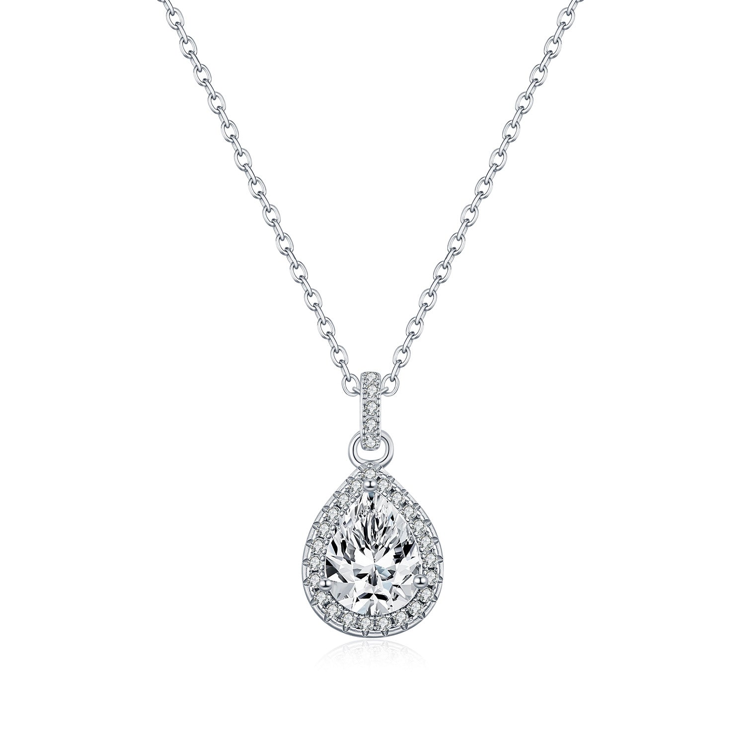 925 Sterling Silver Pear Cut Moissanite Halo Pendant Necklace 110300028