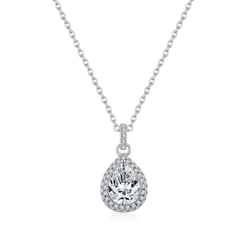 925 Sterling Silver Pear Cut Moissanite Halo Pendant Necklace 110300028