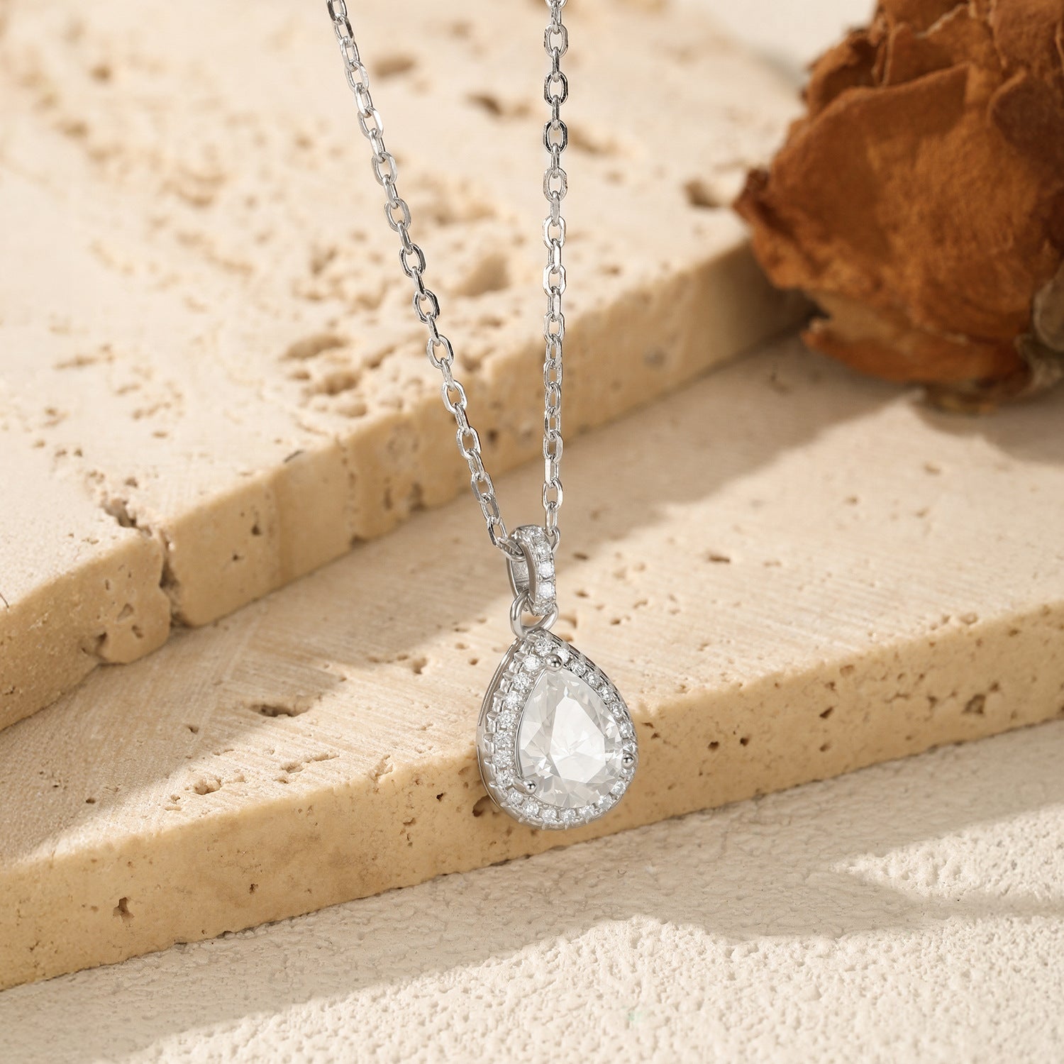 925 Sterling Silver Pear Cut Moissanite Halo Pendant Necklace 110300028