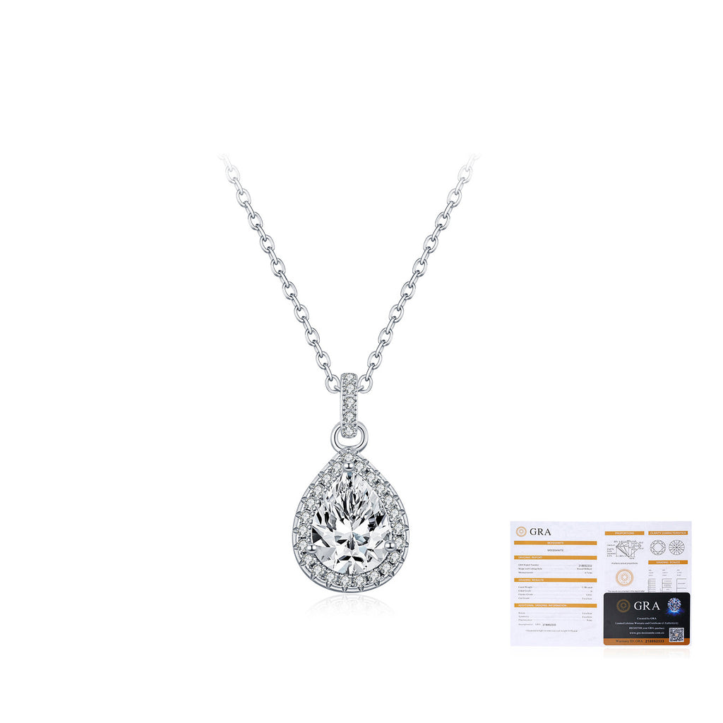 925 Sterling Silver Pear Cut Moissanite Halo Pendant Necklace 110300028