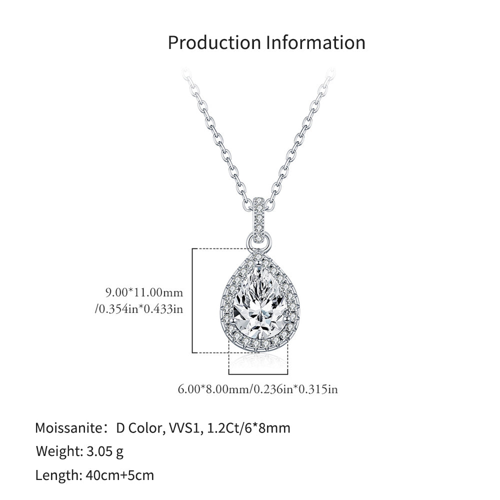 925 Sterling Silver Pear Cut Moissanite Halo Pendant Necklace 110300028